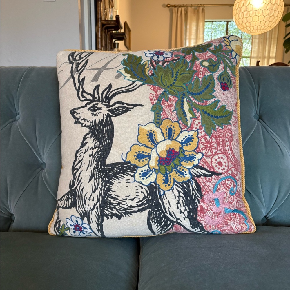 Anthropologie Embroidered Deer Pillow